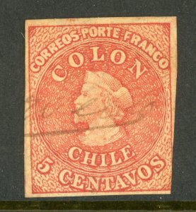 Chile 1865 Columbus 5¢ Carmine Red Imperf Scott #14a VFU K846