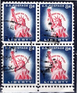 USA; 1958: Sc. # 1042:  Used Block of 4 Single Stamps