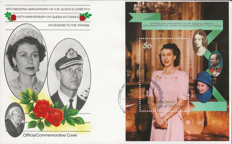 UNION ISLAND 1987 40TH WEDDING ANNIV QUEEN ELIZABETH, SET+S/SHEET ON 4 FDC'S 