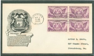 US 775 1935 3c Michigan Statehood Centennial (block of 4) on an addressed, typed FDC with an Anderson Cachet