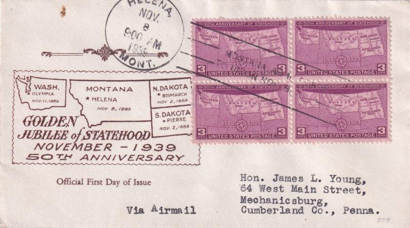 1939, 50th Anniv. Statehood-WA, MT, SD, ND, Unknown Artist, FDC (E11322)