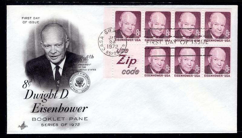 US 1395d Eisenhower Booklet Pane Seven Artcraft U/A FDC