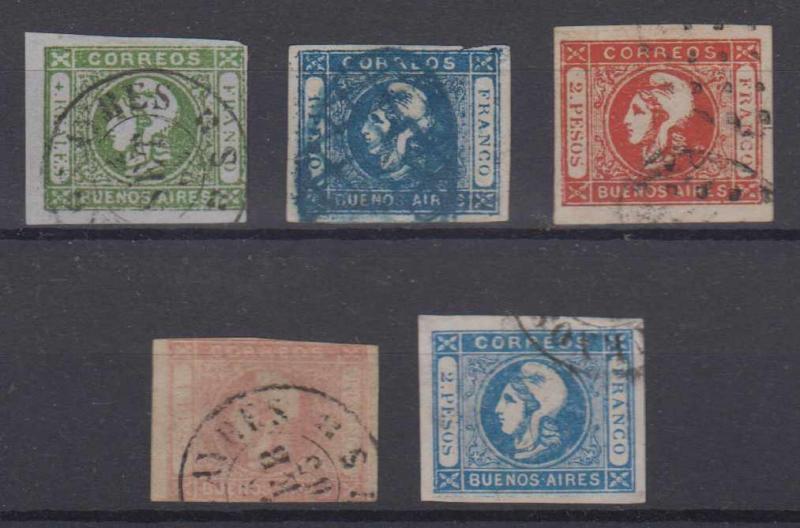 ARGENTINA BUENOS AIRES 1859-62 Sc 9a, 10, 11a, 12b & 13 FULL SETS USED SCV$385