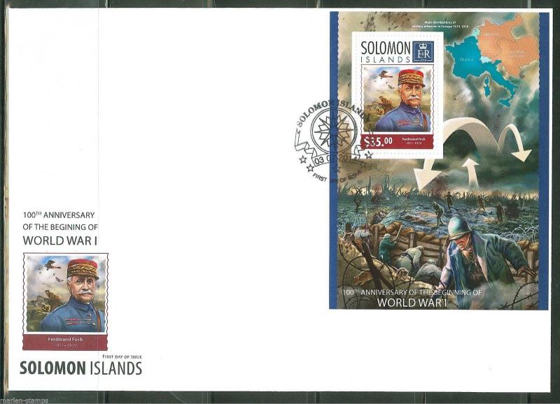 SOLOMON ISLANDS 2014 100th ANN OF START OF WORLD WAR I FOCH S/S FIRST DAY COVER