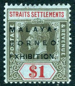 STRAITS SETTLEMENTS-1922 Malaya-Borneo Exhibition $1 Black & Red/Blue Sg 255 M/M