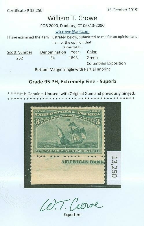 US SCOTT #232, Mint-XF/SUPERB-OG-LH, CROWE Cert Graded 95, SMQ $125, garyposner!