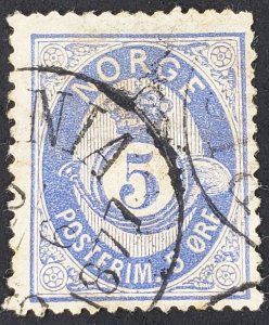 Norway, Scott #24 (or 24a?), AVG used, small thin, vertical crease
