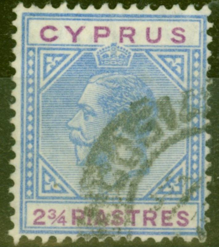 Cyprus 1922 2 3/4pi Blue & Purple SG94a Broken Bottom Left Triangle Fine Used