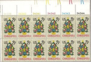 1973 Christmas Tree Plate Block of 12 8c Postage Stamps, Sc#1508, MNH, OG