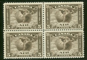 CANADA #C2  5¢ olive brown, Block of 4, og, NH, VF