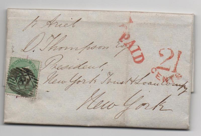 Great Britain Scott #28 Trans-Atlantic Cover - US With PAID 21 CENTS Nov 2, 1857