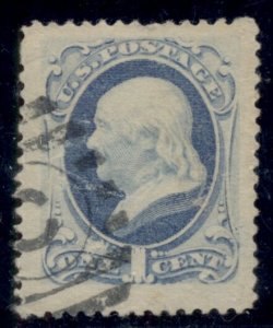 US #156 1¢ pale ultra, used, JUMBO stamp, internal thin, quite dramatic