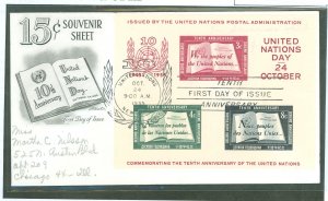 United Nations--New York 38 1955 15c souvenir sheet (3 imperf stamps) Commemorative The 10th Anniversary Of The UN on a FD Cover