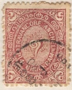 India: Travancore 17 (used) 1¼ch conch shell, claret (1920)