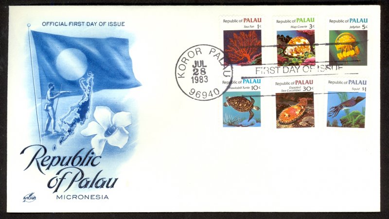 PALAU 1983 1c,3c,5c,10c,30c,$1 Marine Life Sc 9-12,16,19 U/A Cachet FDC