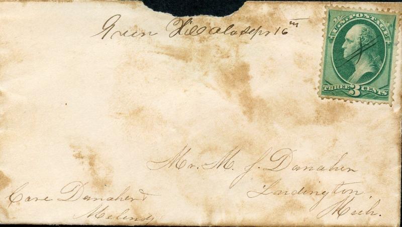 Us Grün Hill, Al 9/16/1870 Manuskript Stempel zu Ludington, mi 3c Rate W/