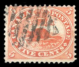 Canada #15 Cat$37.50, 1859 5c vermilion, used