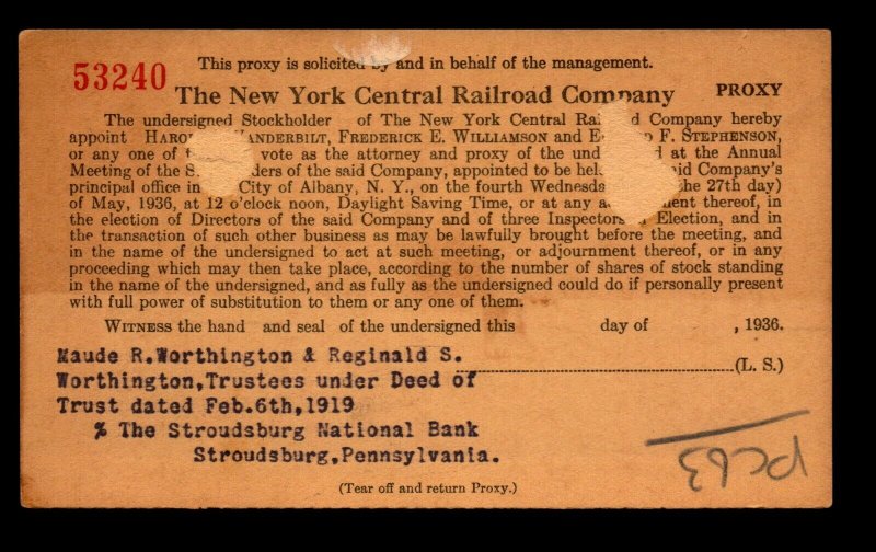 1936 NY Central Railroad Pre-Printed Postal Card / Mounting Scuffs - N288