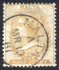 Malta 1863 1/2d Buff - Watermark Crown CC - Scott 3 SG 4 VFU Cat $70