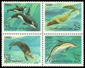 1990 Sea Creatures Block Of 4 25c Postage Stamps, Sc# 2508-2511, MNH, OG