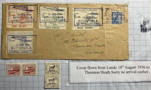 1936 Barnstaple Lundy Channel Island England Airmail Cover To Thornton Heath