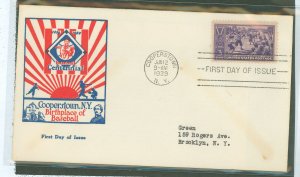 US 855 1939 3c Baseball centennial (single) on an addressed (typed) first day cover with a leather stacking cachet.