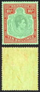 Bermuda SG119a 10/- Bluish Green and Deep Red/green Wmk Mult Script CA M/M