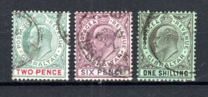 Gibraltar 1904-11 2d, 6d and 1s King Edward VII values SG 58, 60 and 71 FU CDS