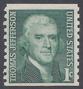 #1299 1c Thomas Jefferson Coil Single 1968 Mint NH