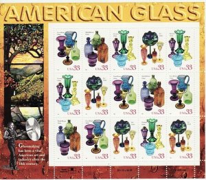 US 3328a (3325-28) MNH 1999 33¢ AMERICAN GLASS Full Pane of 20 Very Fine