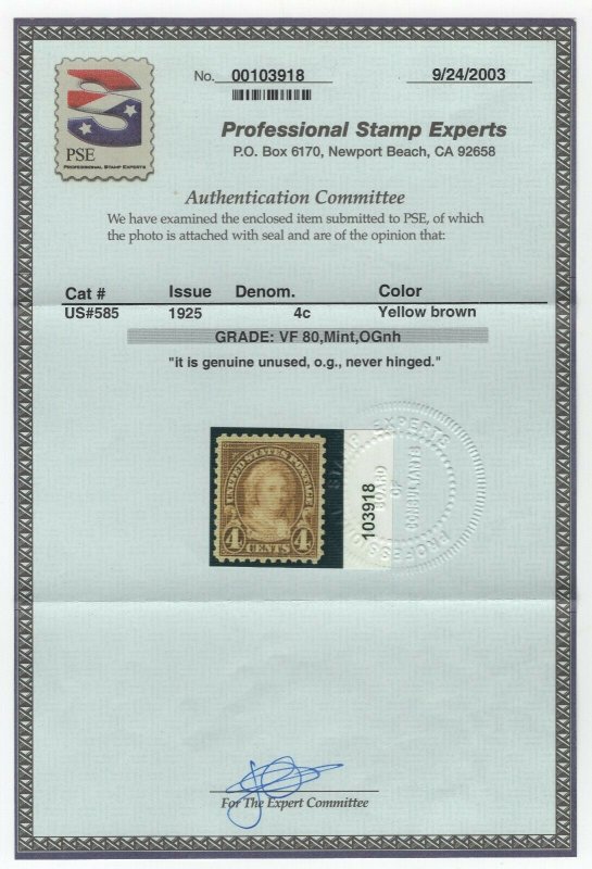 #585 VF OG NH PSE Graded 80 with Cert SMQ $30.  (GP2 10/3/19)