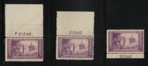 1934 Wisconsin Tercentenary 3c purple Sc 739 MNH matched plate number 21240 (H