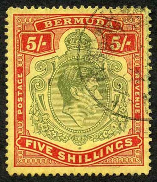 Bermuda SG118b KGVI 5/- Pale Green and Red/yellow Line Perf 14.25 (Ref 101)