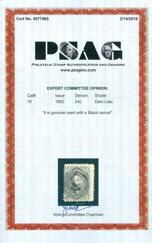 EDW1949SELL : USA 1862 Sc #78 Used Fresh Sound w/numeral '5'  PSAG Cert Cat $350