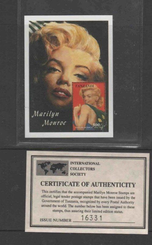 TANZANIA 1992 MARILYN MONROE MINT VF NH O.G S/S W/CERT. (3t) 