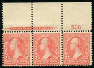 UNITED STATES 2c WASHINGTON TOP PLATE STRIP(3)  SCOTT#267a  MINT NH