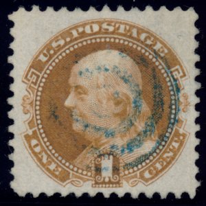 US 123 1c 1875 Reissue Benjamin Franklin blue target cancel PSAG grade 85