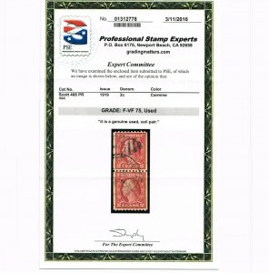 EXCEPTIONAL GENUINE SCOTT #488 USED 1919 COIL PAIR PSE CERT GRADED F-VF 75