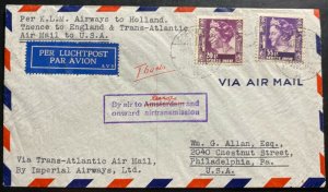 1939 Netherlands Indies TransAtlantic Airmail Flight Cover To Philadelphia USA
