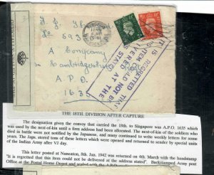 SINGAPORE COVER (P2607B) 1942 KGVI 2D+1/2D RETURNED COVER FROM UK WWII OVERRUN 