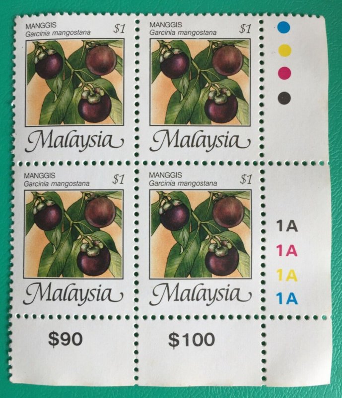 Malaysia 1986 Fruits Mangosteens $1 4V Block Margin Plate 1A MNH P.12 SG#347