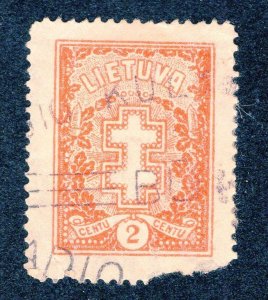 Lithuania 1933-34 2c orange, Scott 278 used, value = $6.50