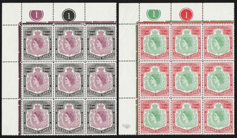 LEEWARD ISLANDS 1954 QEII set ½c - $4.80 blocks. MNH **.