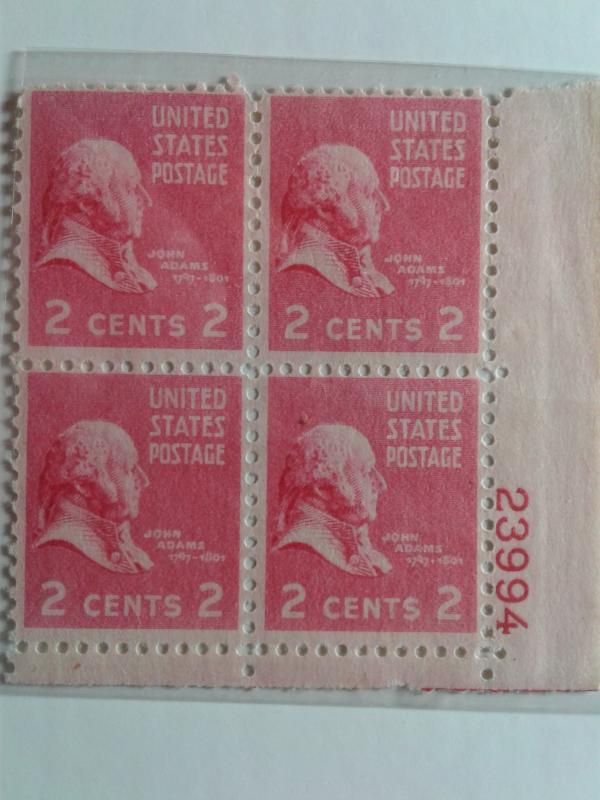 SCOTT # 806 PLATE BLOCK JOHN ADAMS MINT NEVER HINGED GEM FRESH !!!