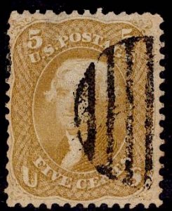 US Stamp #67 5c Buff Jefferson USED SCV $750. Great Bar Cancel.