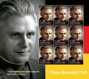 UNION ISLAND 2014 - POPE BENEDICT XVI SHEET OF 9 STAMPS (#2) MNH