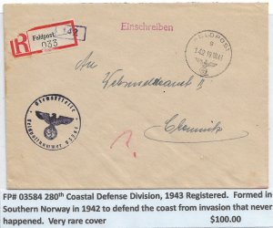 WW2: German Feldpost: 280th Coastal Defense Division, Norway 1943 Regis. (M6050)