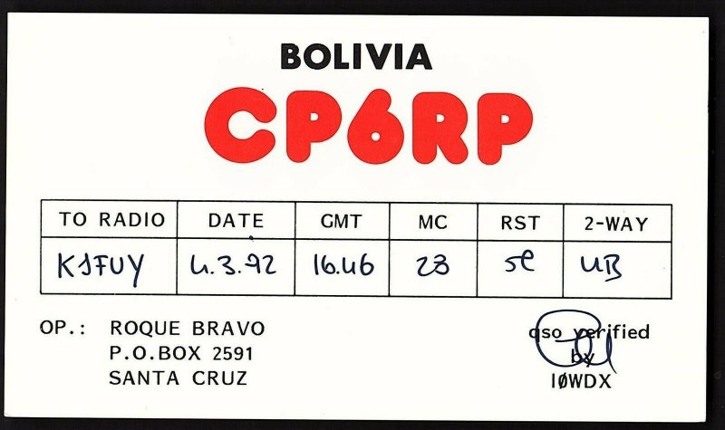 QSL QSO RADIO CARD Antenna/Radio Communication,Roque Bravo, Bolivia (Q2742)