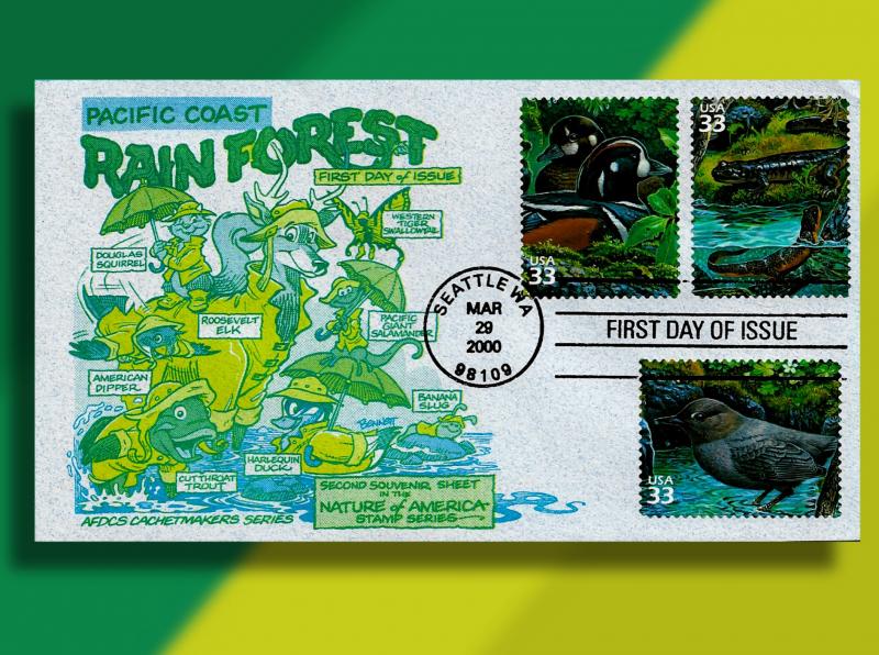 Rain Forest Animals in Rain Slickers Adorn 3-Stamp Nature of America FDC