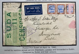 1940 Port Sudan Sudan War Time Airmail Irish Censors Cover To Dublin Ireland